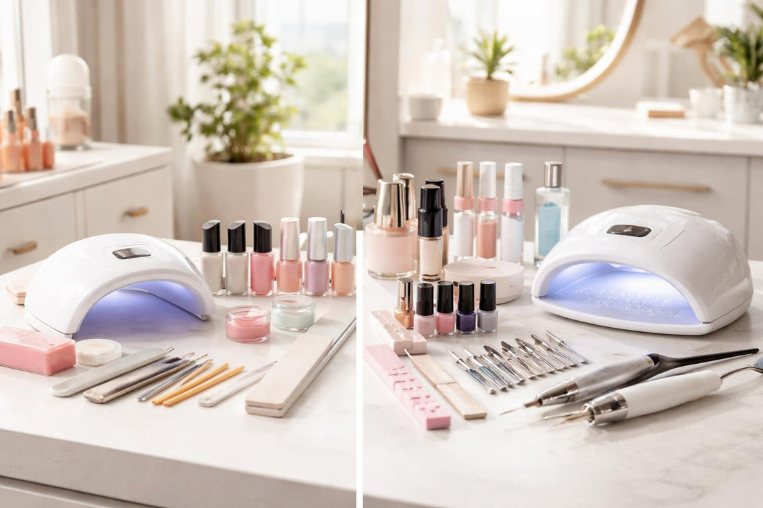 Beginner and pro nail studio sets on a clean desk