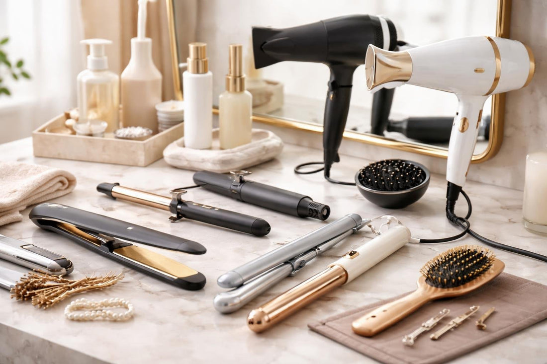 Beginner and pro professional styling appliances on a vanity