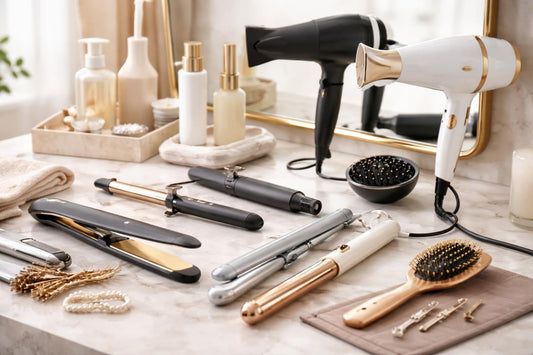 Beginner and pro professional styling appliances on a vanity