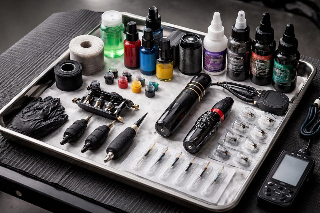 Beginner and pro tattooing supplies laid out on tray