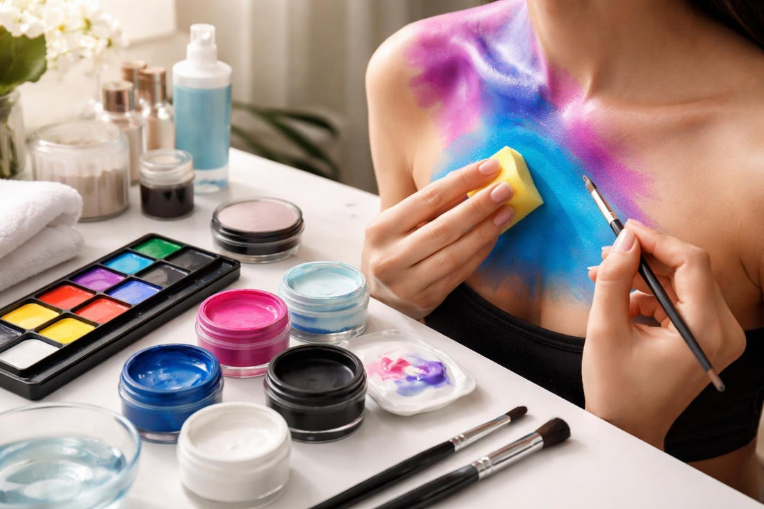 Beginner applying professional body paint with sponge and brush
