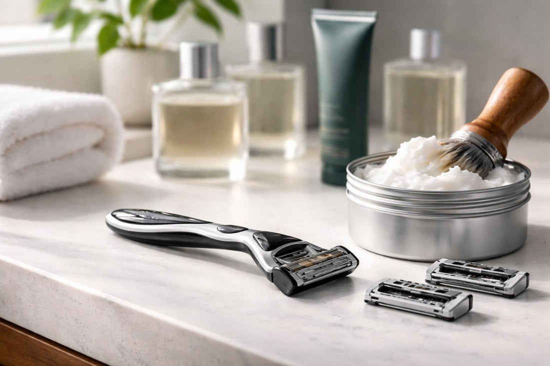 Beginner men’s razor and blades set beside shaving cream