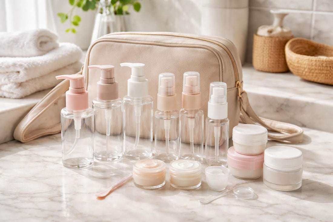 Beginner refillable cosmetic container kits arranged for travel