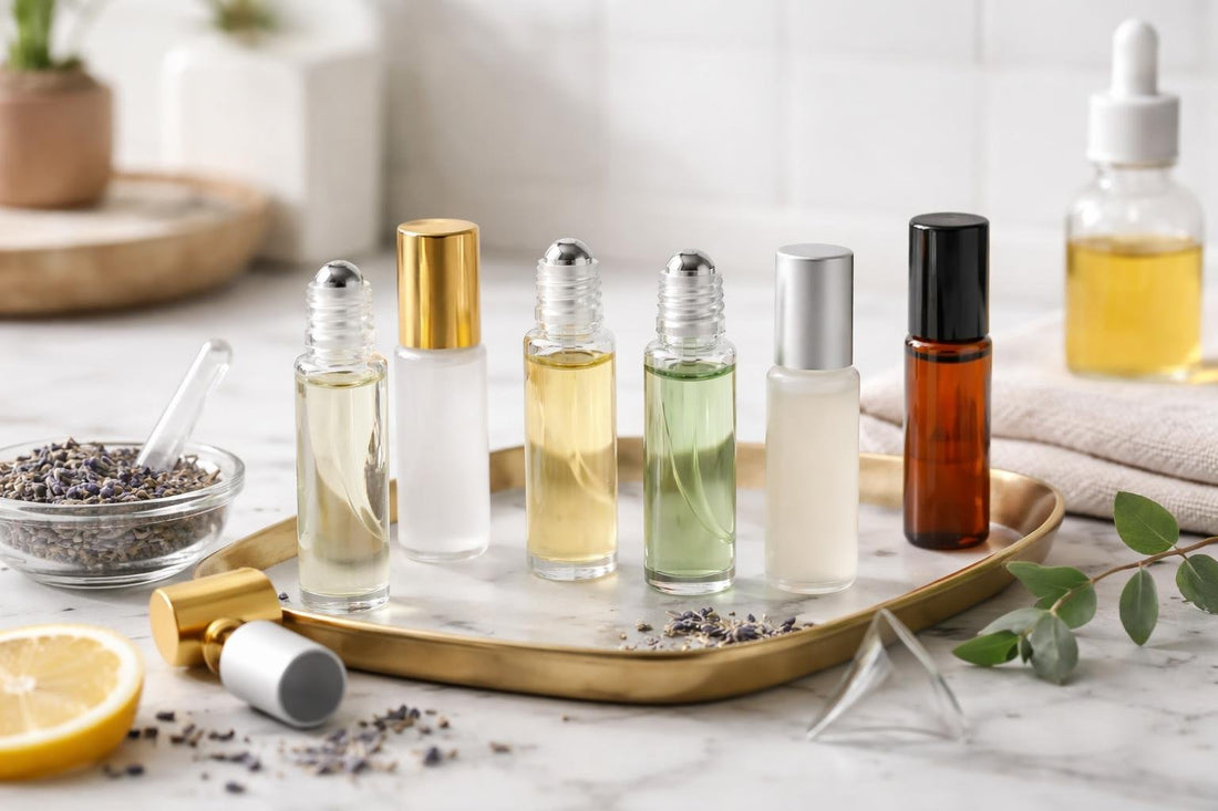 Beginner set of refillable cosmetic roller bottles on counter