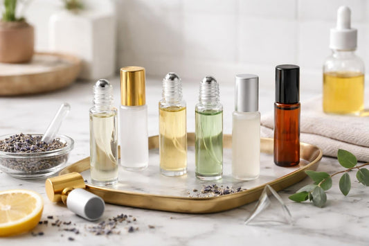 Beginner set of refillable cosmetic roller bottles on counter