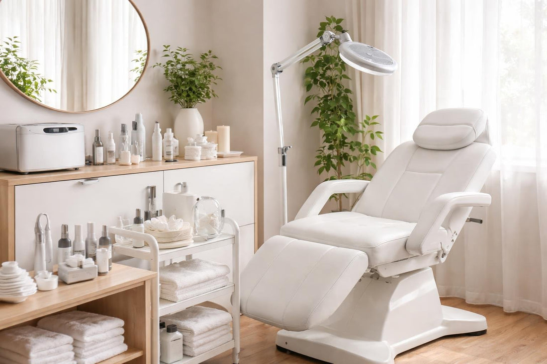 Beginner-friendly salon and spa equipment setup with chair and lamp