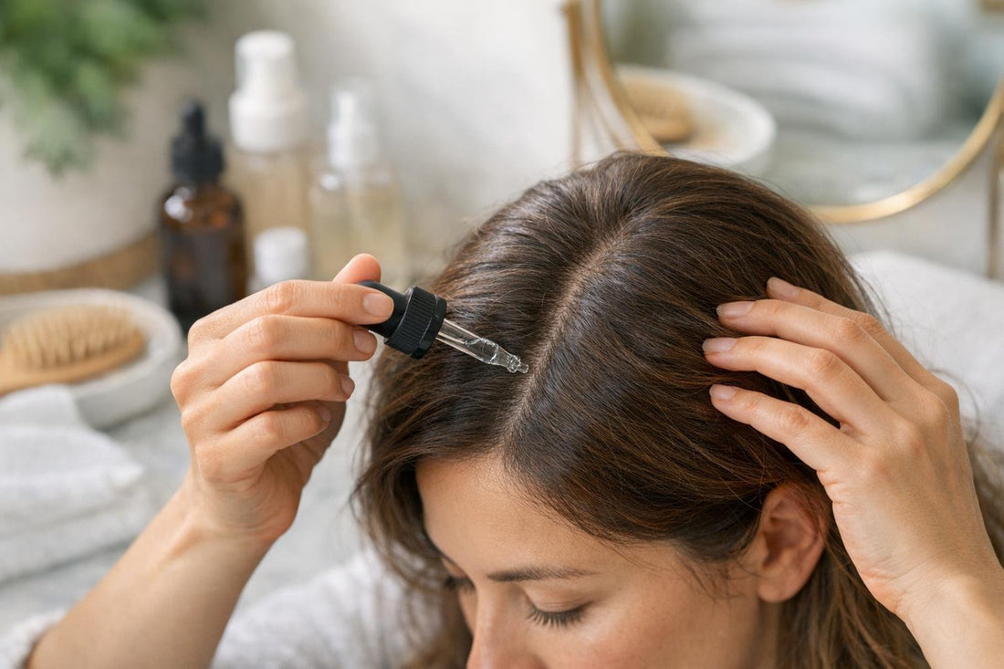 Beginner applying scalp tonic along part line for regrowth