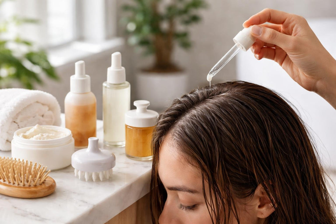 Beginner applying scalp serum for healthy roots