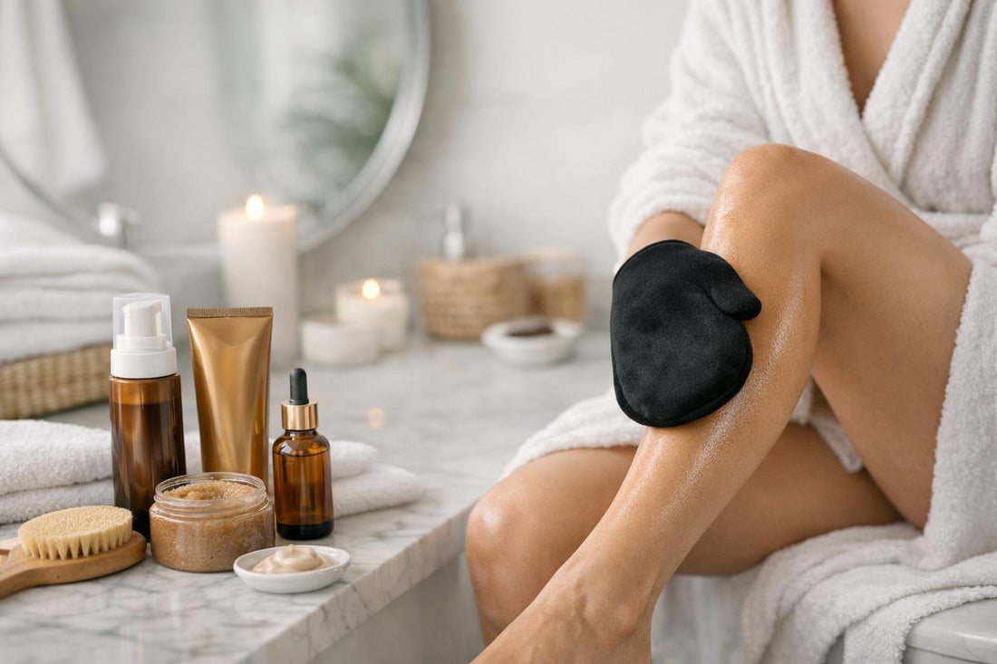 Beginner applying self tanner on legs with mitt