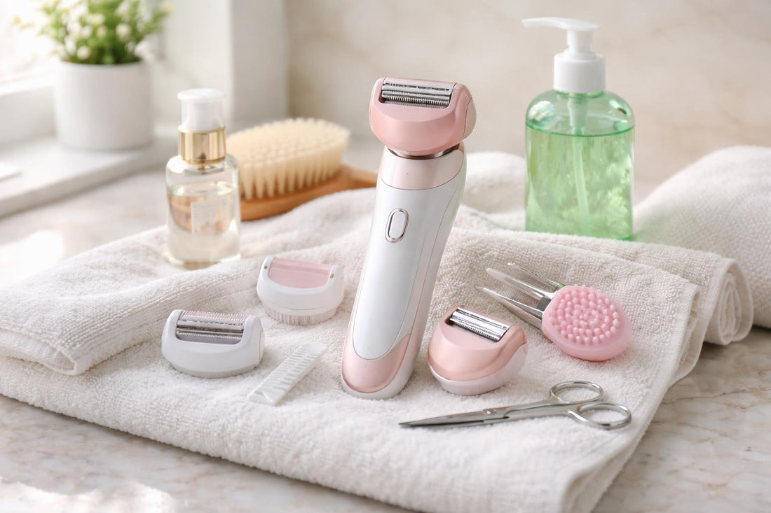 Beginner women’s electric shaver accessories laid out on towel