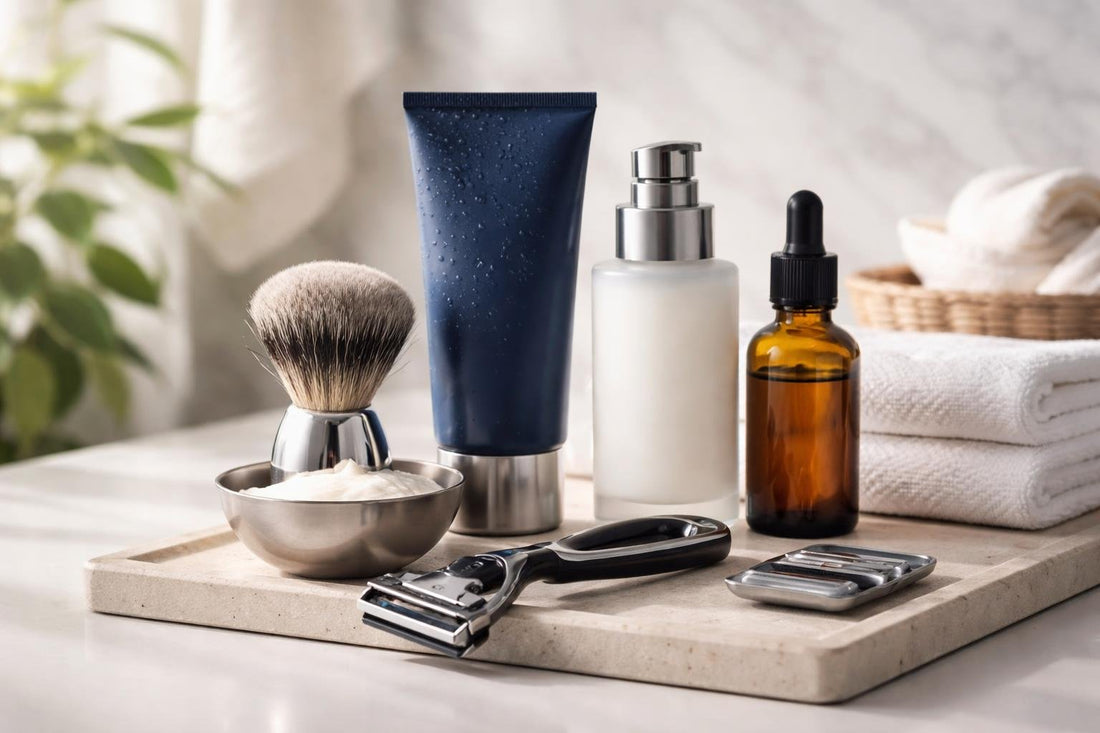 Beginner men shaving routine with razor, gel, and balm