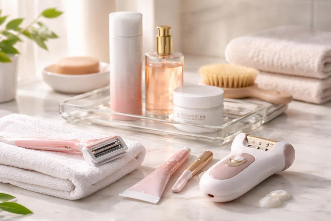 Beginner shaving and hair removal tools on bathroom counter