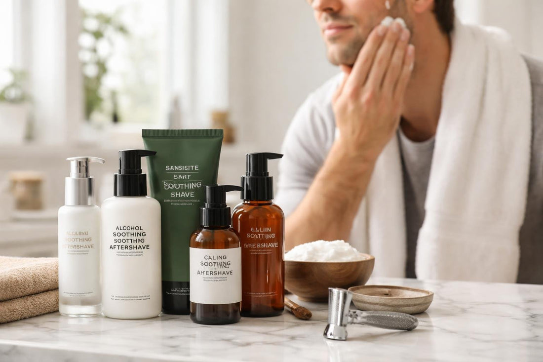 Beginner wet shaver applying soothing lotion in winter