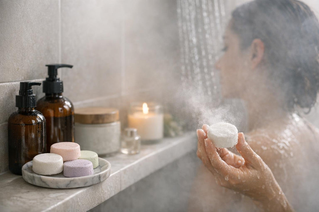 Beginner using aromatherapy shower steamer in a steamy shower