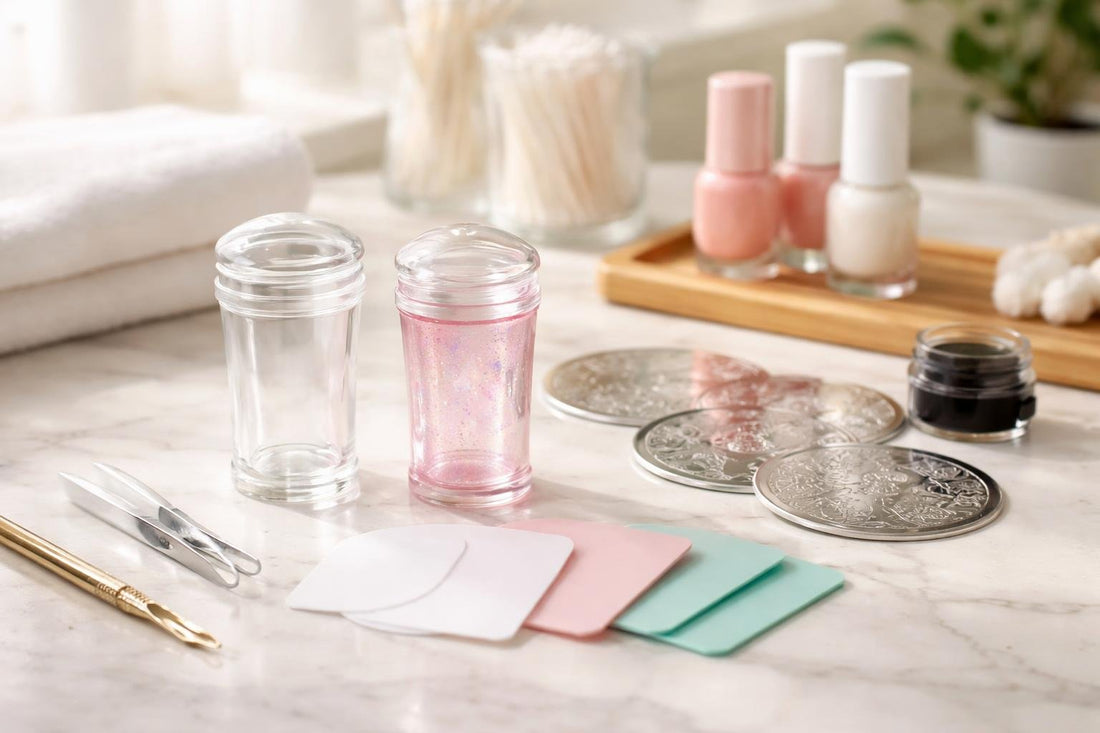 Beginner nail art stamper and scraper set on table