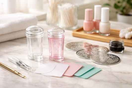 Beginner nail art stamper and scraper set on table