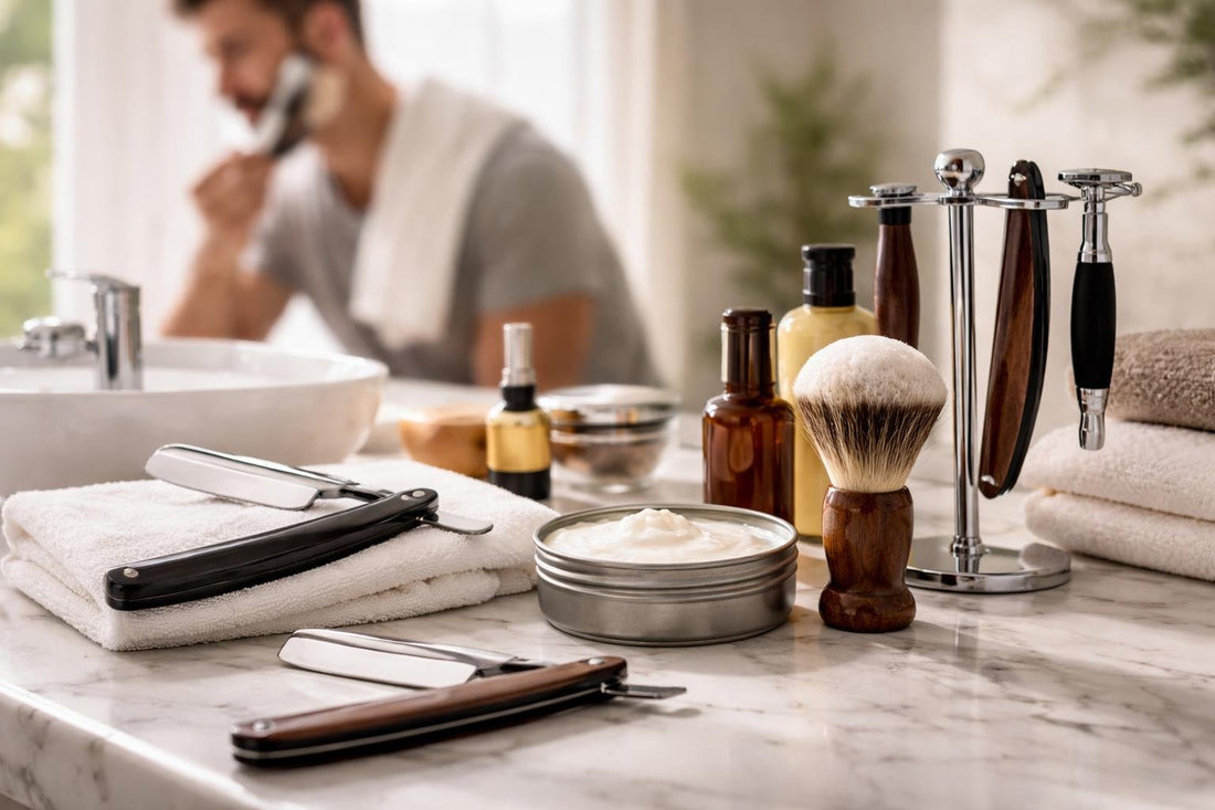 Beginner men using straight shaving razor at sink