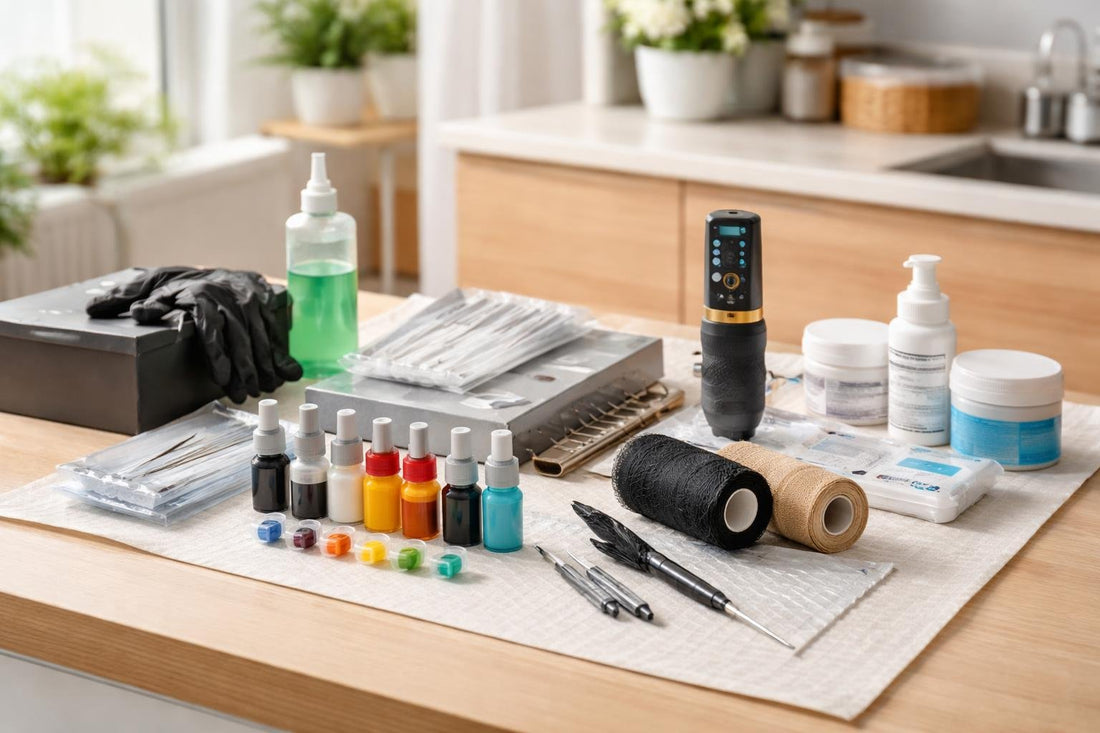 Beginner tattooing supplies laid out on clean workstation