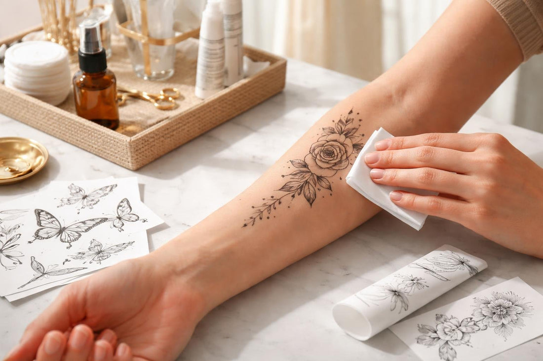 Beginner applying a temporary tattoo on forearm