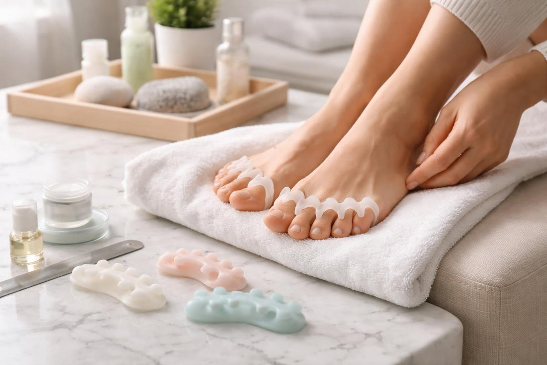 Beginner using toe separators for gentle toe alignment
