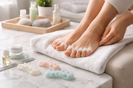 Beginner using toe separators for gentle toe alignment