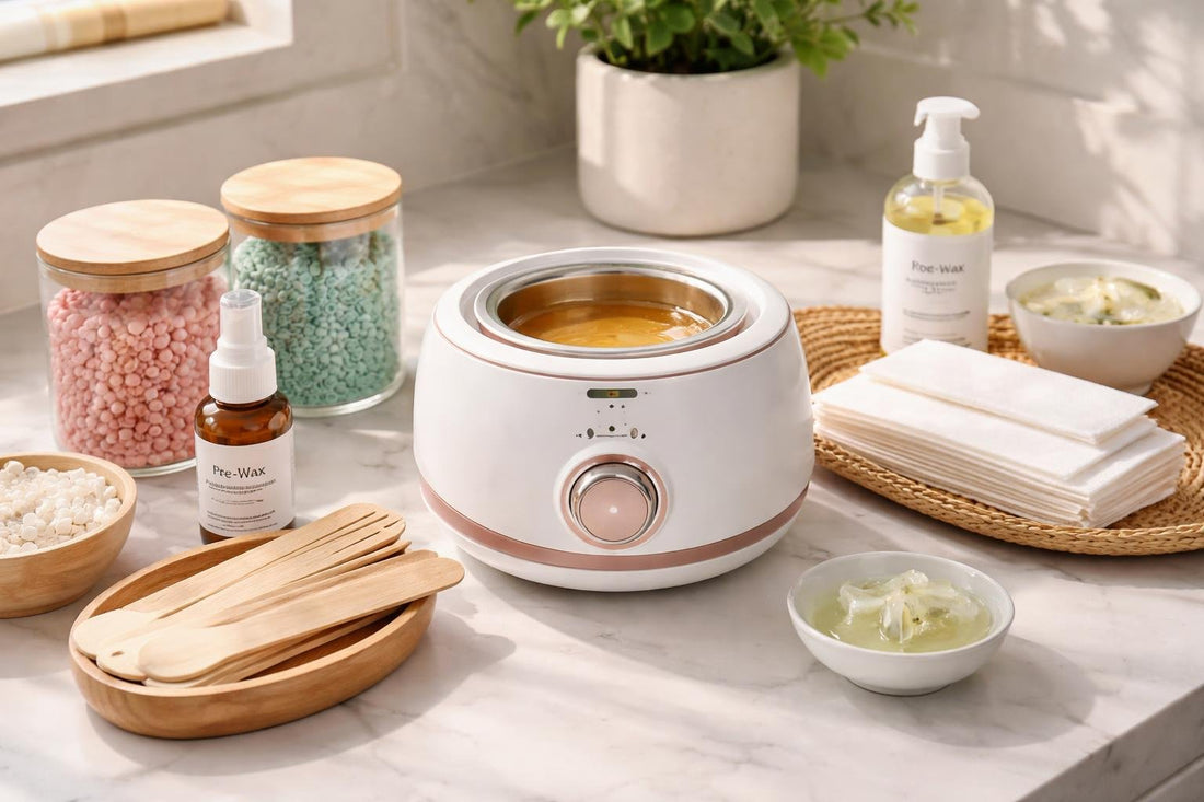 Beginner wax warmer setup with spatulas, strips, and aftercare