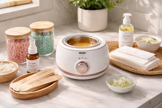 Beginner wax warmer setup with spatulas, strips, and aftercare