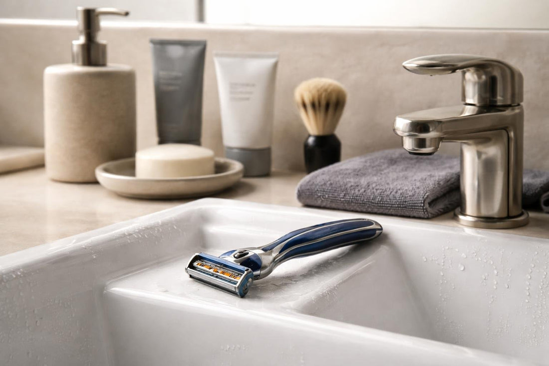 Beginner-friendly men’s disposable shaving razor on clean sink