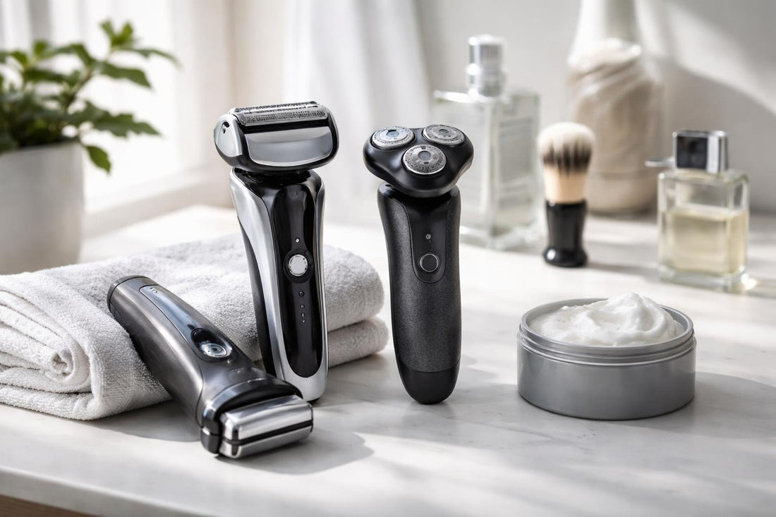 Beginner using an electric shaver for a first shave