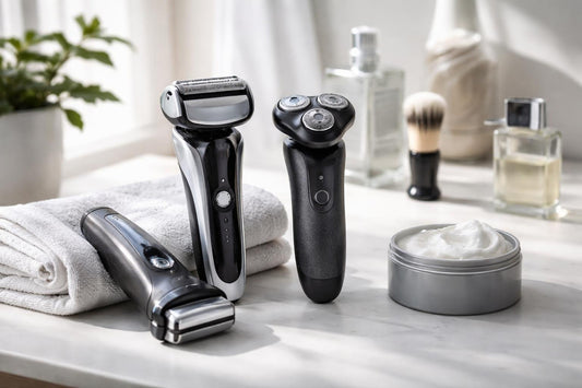 Beginner using an electric shaver for a first shave