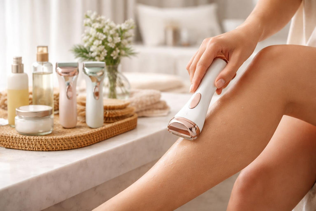 Beginner using women’s foil shaver on leg at home