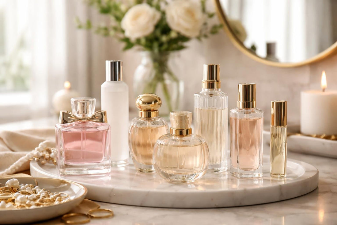 Beginner women’s cologne collection bottles on a vanity