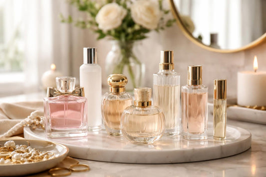 Beginner women’s cologne collection bottles on a vanity