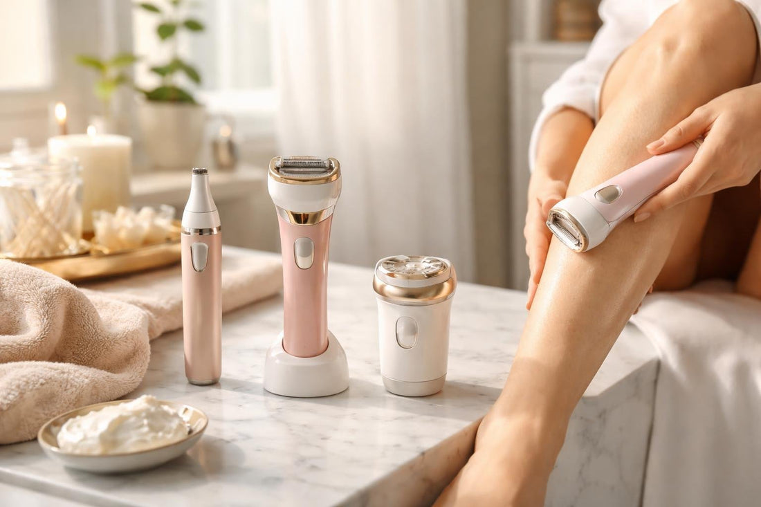 Beginner using women’s electric shaver on legs at home