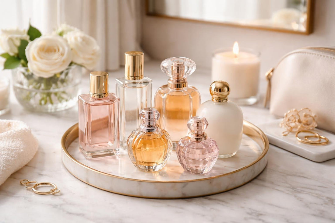 Beginner women choosing signature scent from fragrance collection