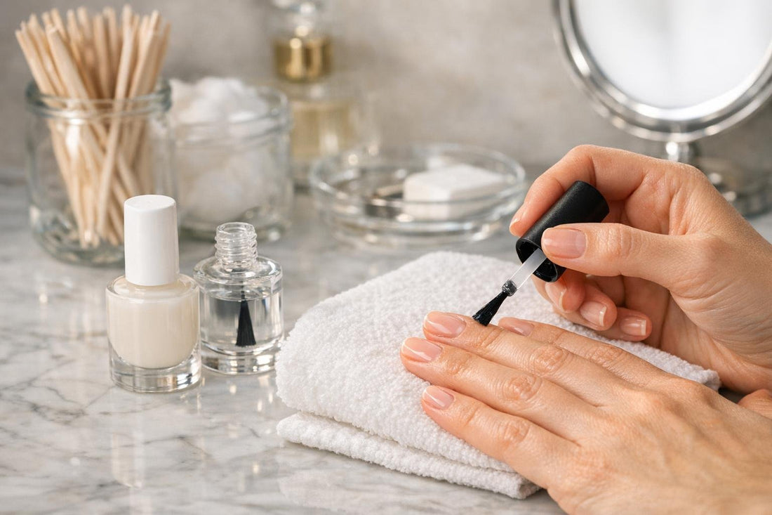 Applying Bellavia base coat for smooth long lasting manicure