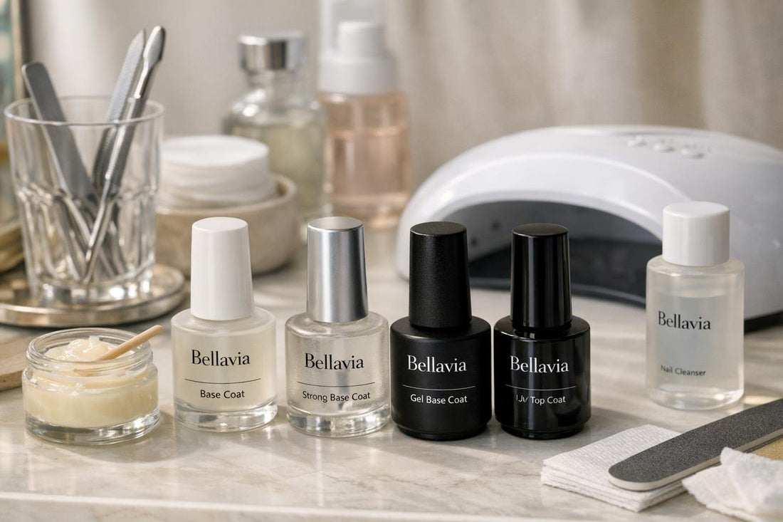 Bellavia base coats and gel manicure products display