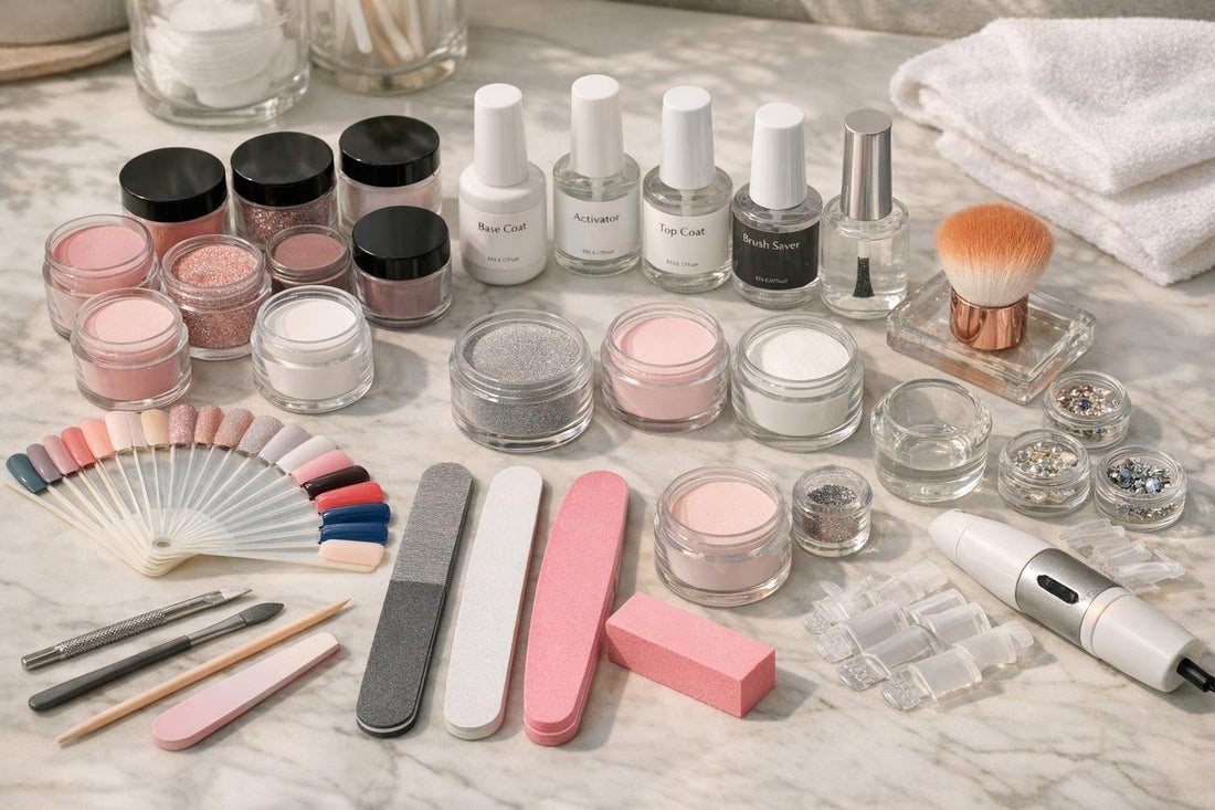 Bellavia dip manicure kit components and tools flatlay