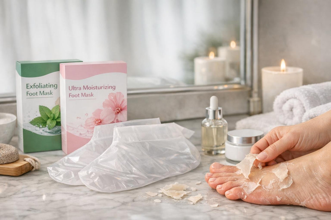 Bellavia foot mask collection packaging and peeled skin
