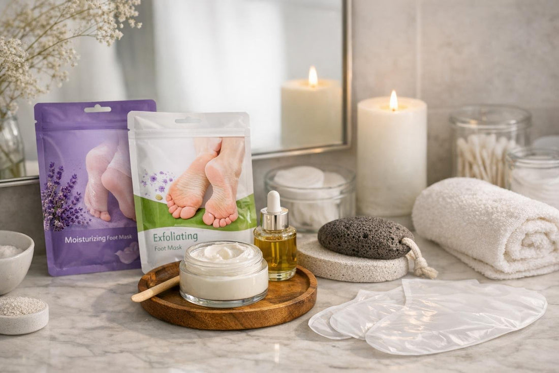 Foot masks, pumice and moisturizing balm for cracked heels