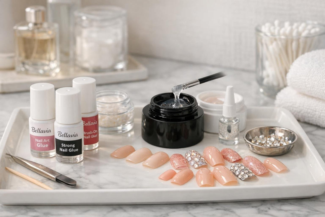 Bellavia nail glue bottles and press-on nails display