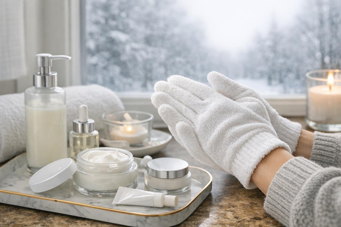 Person wearing Bellavia moisturizing gloves in snowy Ontario setting