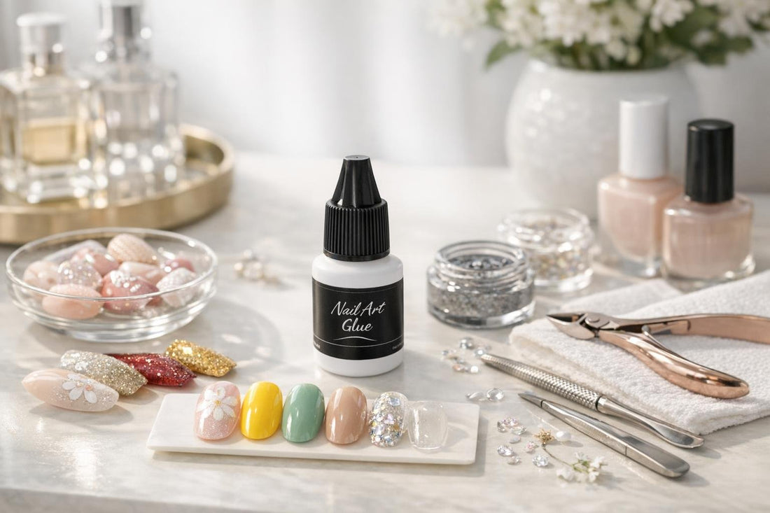 Bellavia nail art glue beside seasonal at-home manicure