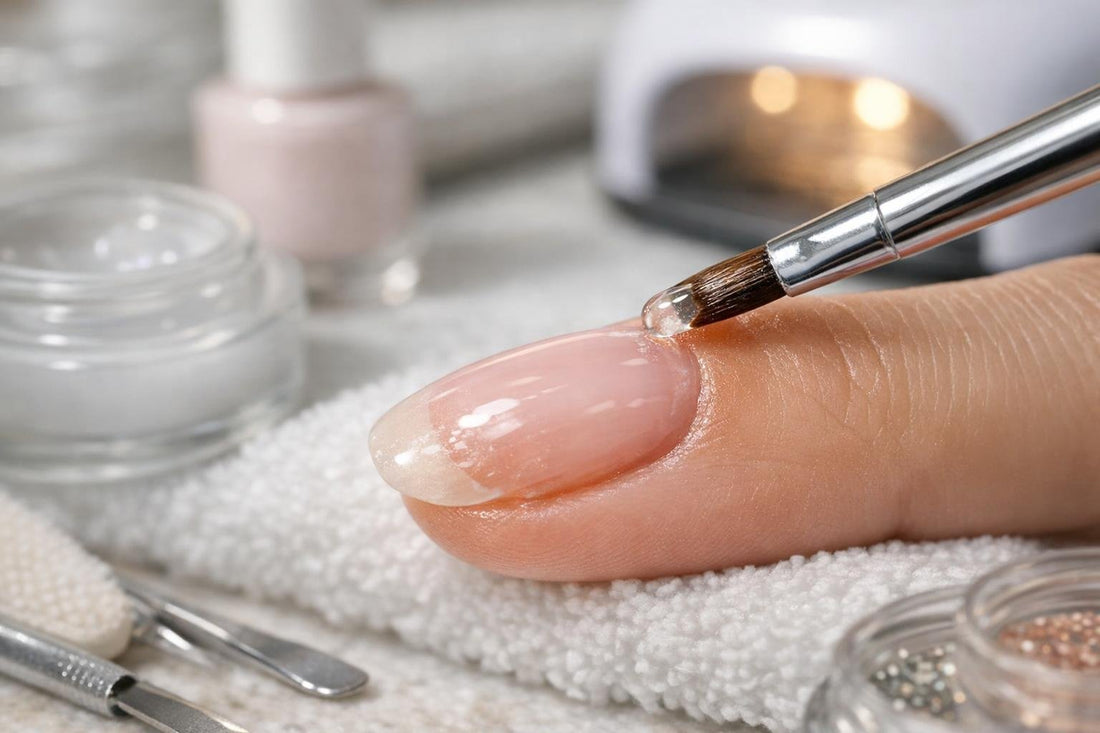 Close-up of repaired thickened nail with builder gel