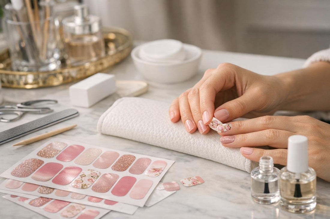 Beginner applying Bellavia nail art wraps smoothly at home