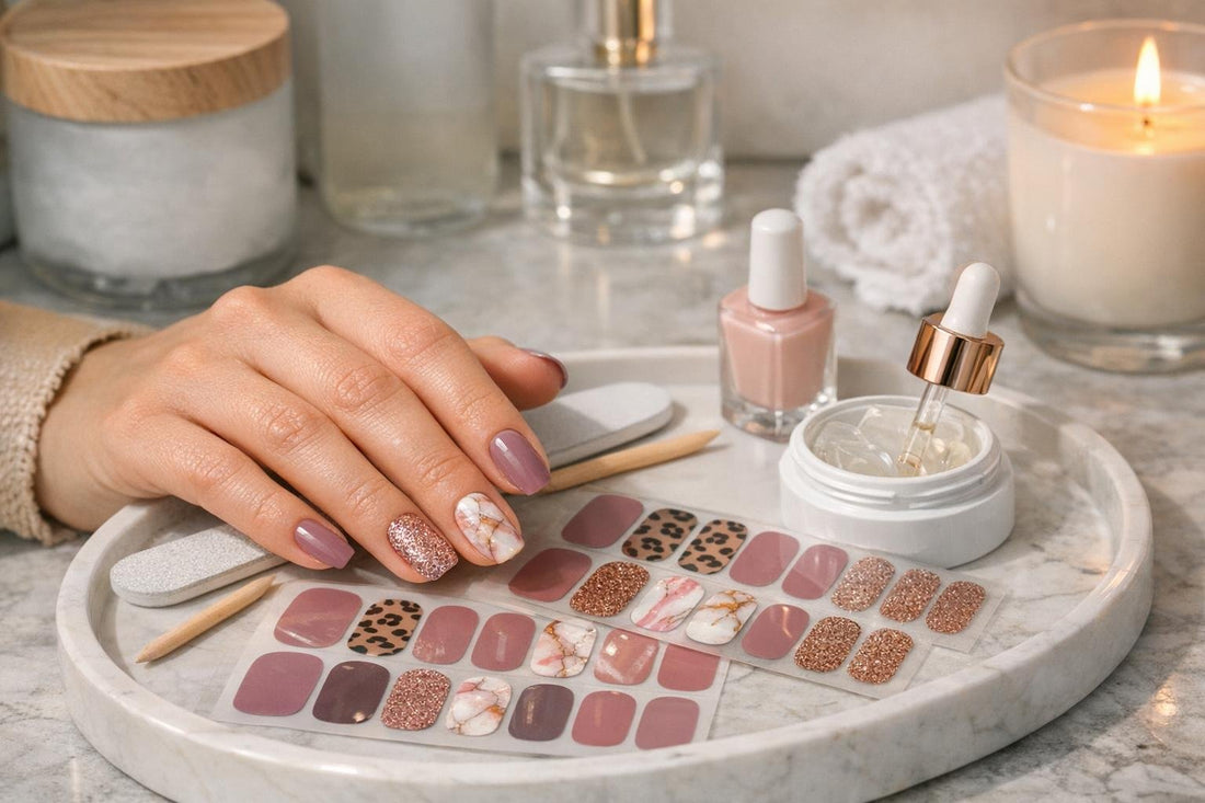 Bellavia nail art wraps on Ontario manicure hand
