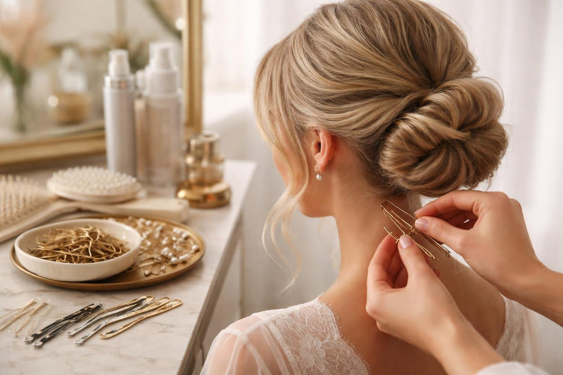 Toronto bridal hairstylist arranging updo with pins