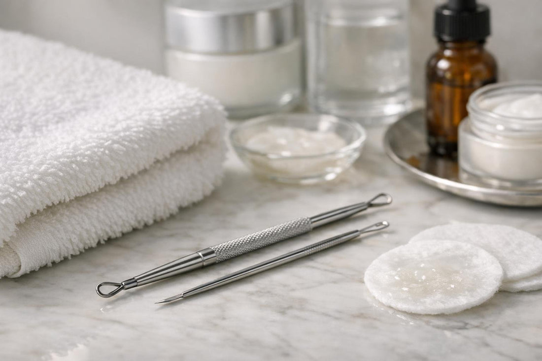 Stainless steel blackhead extractor tool beside clean skincare towel