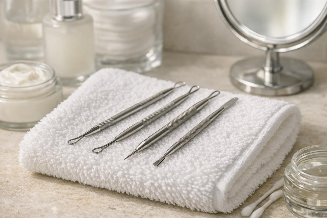 Stainless steel blackhead loop extractor tools on clean towel