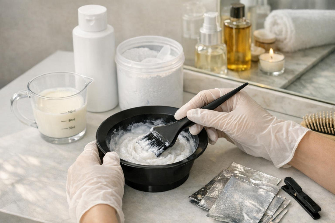 Beginner mixing hair bleach with brush and gloves